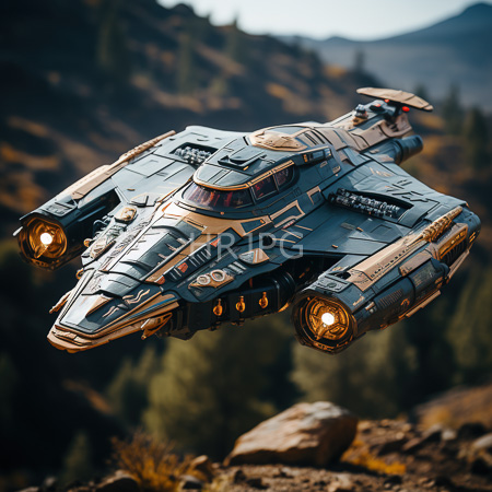 High Resolution: Intricately detailed futuristic starship flying over mountainous terrain features dark metallic blue and gold accents twin glowing engines and complex paneling textures download. | HRJPG.com