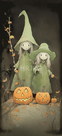 High Resolution: Whimsical drawing depicts two pale-skinned children with white hair wearing green witch hats and matching cloaks standing on an autumnal hillside surrounded by fallen leaves download. | HRJPG.com
