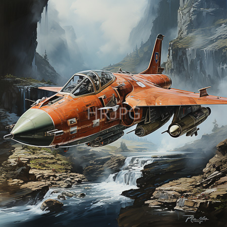 High Resolution: Orange futuristic jet aircraft with a green nose and dual engines flies over misty mountainous terrain featuring cascading waterfalls download. | HRJPG.com