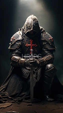 High Resolution: Armored knight kneels in darkness wearing a hooded helmet with cross-shaped eye slits and red-cross adorned shoulder plates holding a large sword download. | HRJPG.com