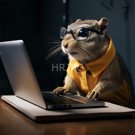 High Resolution: Anthropomorphic rodent with brown and gray fur wears black-rimmed glasses and a yellow collared shirt typing on a silver laptop in dim lighting download. | HRJPG.com