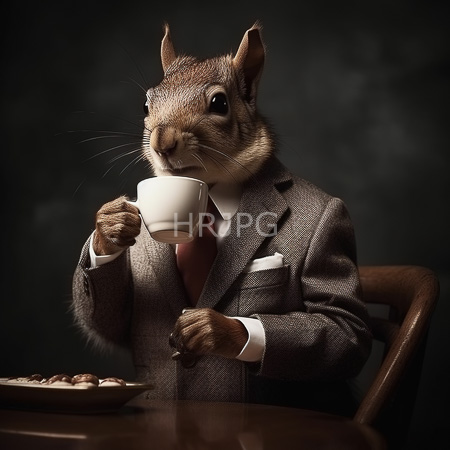 High Resolution: Anthropomorphic rodent in a gray wool suit white shirt and red tie holds a white coffee cup sitting at a wooden table against a dark background download. | HRJPG.com
