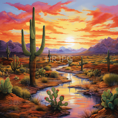 High Resolution: Arizona desert at sunset features tall green saguaro cacti scattered across reddish-brown terrain with reflective water channels leading to distant purple mountains download. | HRJPG.com