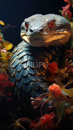 High Resolution: Intricately detailed lifelike sculpture depicts a large serpent with textured scales in shades of blue and gray surrounded by vibrant pink flowers and green leaves download. | HRJPG.com