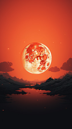 High Resolution: Enormous detailed full celestial body with red and white crater patterns dominates a vivid orange-red sky filled with small stars above a reflective pond download. | HRJPG.com