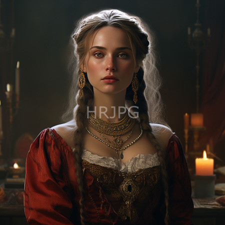 High Resolution: Ethereal young figure with fair skin and long braided blonde hair adorned in Renaissance-style attire featuring red velvet sleeves over a white lace bodice download. | HRJPG.com