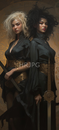 High Resolution: Two fierce dark-skinned figures with contrasting hair colors blonde and black curly in elegant warrior-like attire featuring deep V-necklines revealing cleavage hold swords download. | HRJPG.com