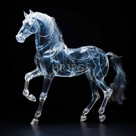 High Resolution: Ethereal translucent blue equine in mid-trot against a black background its muscular form and flowing mane appear as glowing light with defined contours download. | HRJPG.com