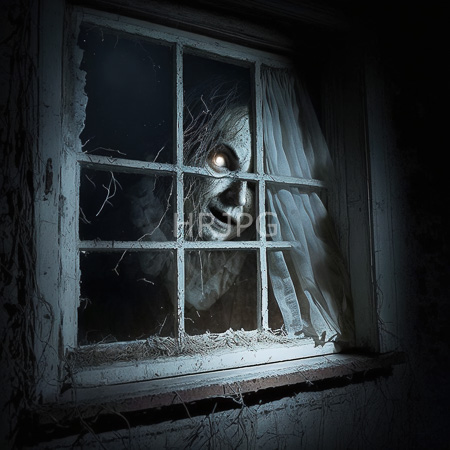 High Resolution: Eerie ghost-like figure with glowing white eyes and a decaying face peers through a broken window at night its pale skin contrasts against dark surroundings download. | HRJPG.com