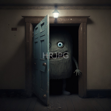 High Resolution: Eerie humanoid creature with grayish fur and one large blue eye peeks from behind a partially open teal door in a dim-lit hallway grinning widely download. | HRJPG.com