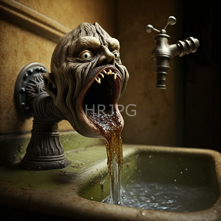 High Resolution: Eerie grotesque monster head emerges from a vintage faucet above a green-stained sink spewing brown liquid with sharp teeth protruding download. | HRJPG.com