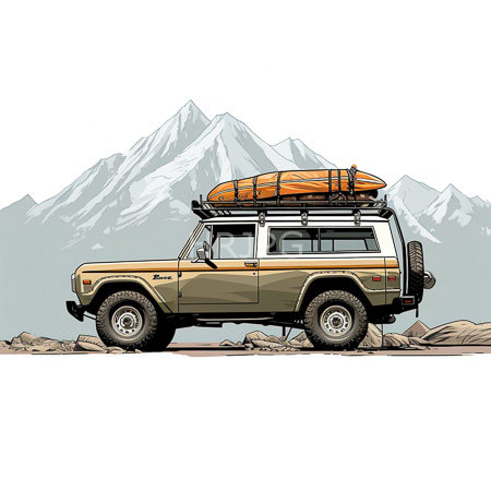 High Resolution: Olive-green utility vehicle with a black roof rack carrying two orange sleeping bags parked on rocky terrain against snowy mountain peaks download. | HRJPG.com