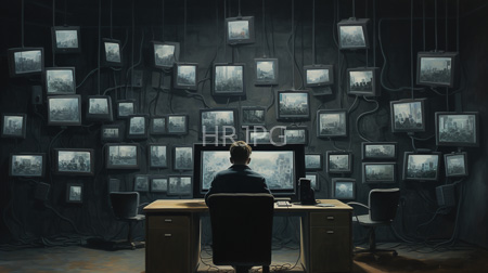 High Resolution: Figure with short brown hair seated at a wooden desk in front of a computer monitor surrounded by numerous hanging black-and-white photographs on dark walls download. | HRJPG.com