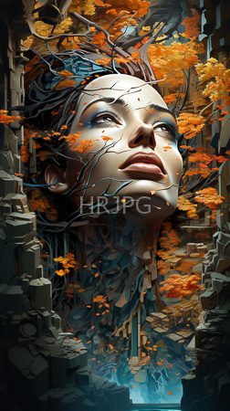 High Resolution: Ethereal realistic female face with light brown skin and blue eyes emerges from ruins amidst vibrant orange autumn leaves download. | HRJPG.com