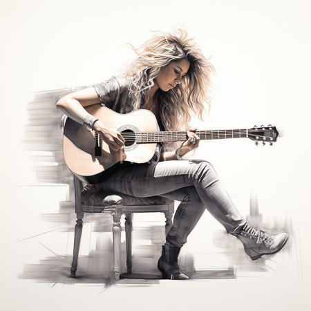High Resolution: Attractive long-haired figure with light skin and wavy blonde hair plays an acoustic guitar while seated on a wooden chair wearing a gray t-shirt and tight jeans download. | HRJPG.com