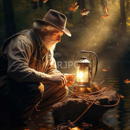 High Resolution: Elderly white figure with a long gray beard and mustache wears a brown hat and green vest crouching by a glowing lantern on a rock in a forest pond at sunset download. | HRJPG.com