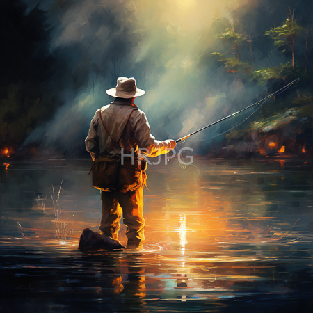 High Resolution: Angler stands in shallow water facing away wearing brown waders and a hat holding a fishing rod extended forward into a misty forest stream illuminated by sunlight download. | HRJPG.com