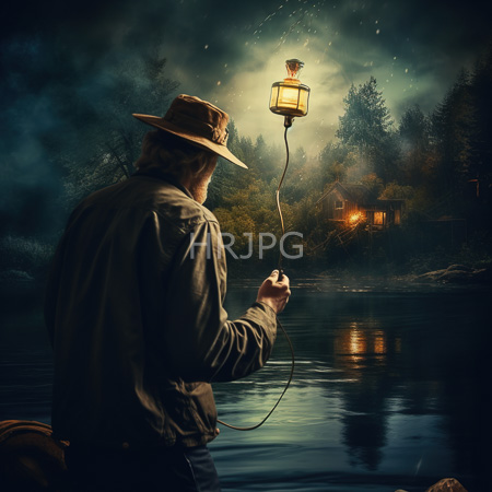 High Resolution: Older figure with brown hair wearing a tan hat and green jacket stands by calm water at night holding up a lantern on a cord emitting light download. | HRJPG.com