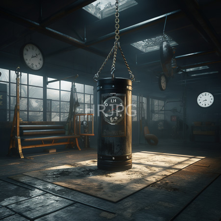 High Resolution: Industrial dim-lit gym room features a suspended black punching bag adorned by clock face markings hanging from chains above a concrete floor mat download. | HRJPG.com