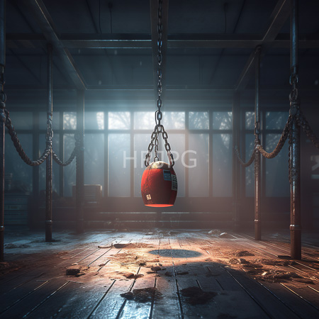 High Resolution: Abandoned dim-lit wooden gym with chains hanging from ceiling beams and one red boxing glove suspended in the center illuminated softly through misty windows download. | HRJPG.com