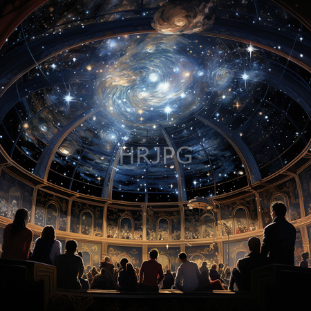 High Resolution: Ornate circular auditorium with silhouetted audience members facing away towards a mesmerizing starry dome ceiling featuring swirling galaxy patterns download. | HRJPG.com