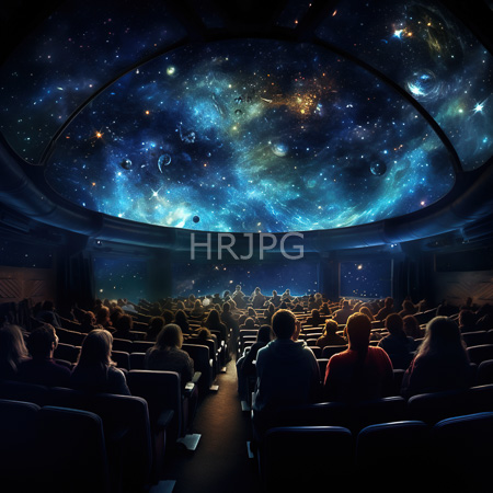 High Resolution: Audience seated in rows faces forward inside a darkened planetarium with a large dome ceiling displaying vibrant starry skies and nebulae above them download. | HRJPG.com