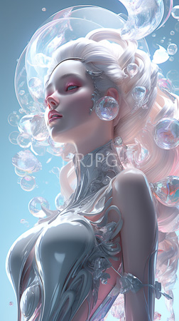 High Resolution: Ethereal pale-skinned figure with flowing white hair and pinkish-purple eyes wears intricate silver armor-like clothing adorned in translucent bubbles download. | HRJPG.com
