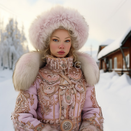 High Resolution: Attractive young figure with fair skin and blonde hair wears an ornate pink winter coat adorned in intricate embroidery patterns and a fluffy white fur hat download. | HRJPG.com