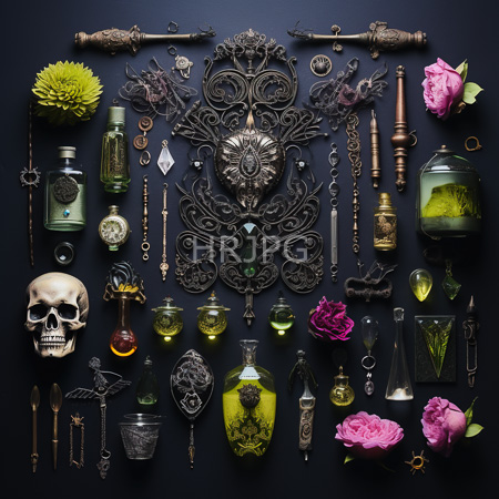 High Resolution: Intricately arranged collection on a dark background features a vintage metalwork centerpiece antique brass tools glass bottles containing green liquids a skull and pink roses download. | HRJPG.com