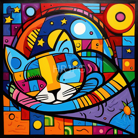 High Resolution: Vibrant colorful drawing of an abstract feline face features bold black outlines and geometric patterns in blue yellow red green purple hues with stars and circles filling the background download. | HRJPG.com