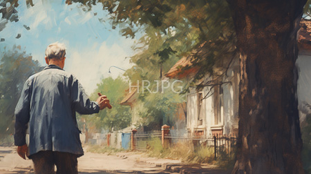 High Resolution: Elderly figure with gray hair wears a blue denim jacket walking away on a sunlit rural street lined by trees and white-walled houses extending a hand forward download. | HRJPG.com