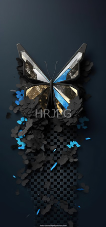 High Resolution: Abstract three-dimensional insect sculpture against a dark blue background features black and silver wings with reflective gold accents and scattered flower-like shapes download. | HRJPG.com