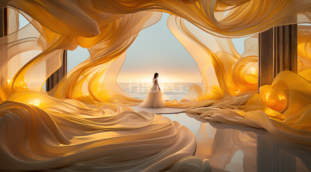 High Resolution: Ethereal scene features flowing golden-orange fabric draping around reflective surfaces leading to a serene ocean view at sunset with a lone figure in an elegant white gown download. | HRJPG.com