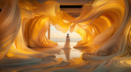 High Resolution: Ethereal scene features flowing golden-yellow fabric resembling waves surrounding a solitary figure in a white dress standing before a bright sunset over calm ocean water download. | HRJPG.com