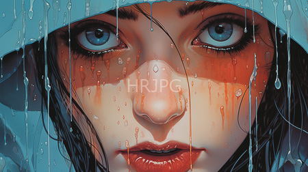 High Resolution: Intense close-up focuses on a young figure face with striking blue eyes and wet black hair under raindrops streaming down pale skin download. | HRJPG.com