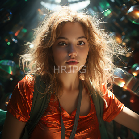 High Resolution: Young figure with wavy blonde hair fair skin and brown eyes wears an orange shirt under a green vest with sunlight filtering through a colorful glass-like background download. | HRJPG.com