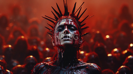High Resolution: Eerie pale-skinned figure with a blood-smeared face and black spiky crown stands in a red-hued background surrounded by shadowy figures also covered in dark liquid download. | HRJPG.com
