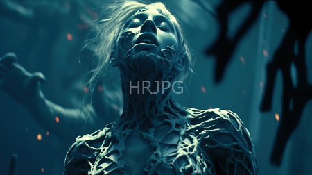 High Resolution: Dramatic close-up of an ethereal figure with pale skin and blonde hair flowing wildly under blue-green lighting with intricate web-like patterns covering the neck to chest area download. | HRJPG.com