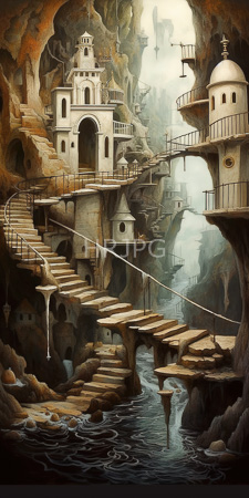 High Resolution: Intricate fantasy-style painting depicts a surreal cliffside village with white domed and arched buildings perching on rocky cliffs over flowing waterways download. | HRJPG.com