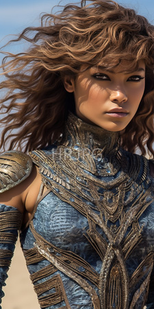 High Resolution: Attractive light-skinned figure with wavy brown hair wears intricate blue and gold armor against a clear sky background with a serious expression highlighting detailed textures download. | HRJPG.com