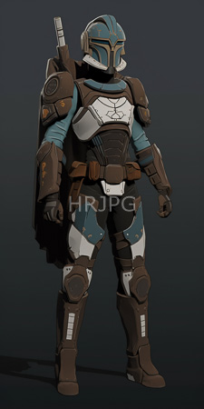 High Resolution: Armored sci-fi soldier standing against a dark gray background wears brown and blue armor with white accents a helmet with a visor covering the face and a backpack with a cylindrical object download. | HRJPG.com