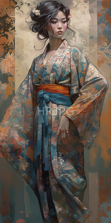 High Resolution: East Asian figure with fair skin and black hair in an updo adorned by white flowers wears a floral-patterned kimono featuring blue-green hues tied with orange fabric download. | HRJPG.com