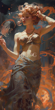 High Resolution: Ethereal fair-skinned figure with wavy blonde hair adorned in gold jewelry wears an ornate golden bralette over small breasts holding a delicate fan while draped in flowing blue fabric download. | HRJPG.com