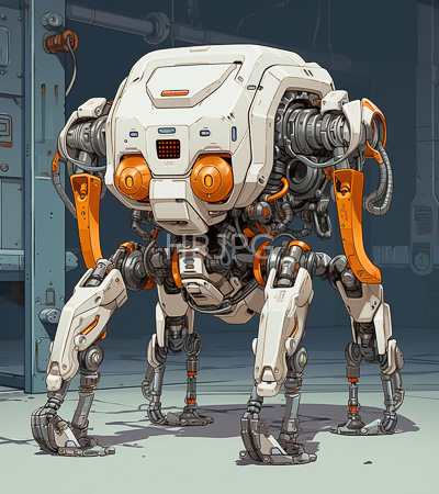 High Resolution: Anthropomorphic quadrupedal robot with white and orange armor plating in a sci-fi industrial setting features large round yellow eyes and intricate mechanical joints download. | HRJPG.com