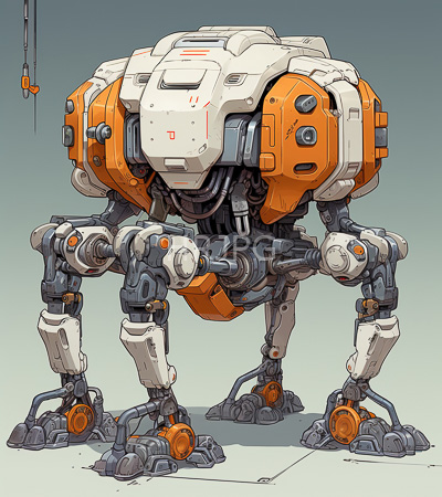High Resolution: Orange and white heavily armored robotic creature with four legs stands on all fours against a gradient gray background with intricate mechanical joints visible download. | HRJPG.com