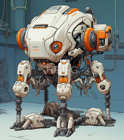 High Resolution: Advanced white and orange robotic quadruped with intricate mechanical joints in a futuristic laboratory setting features rounded segments glowing red eye-like lights download. | HRJPG.com