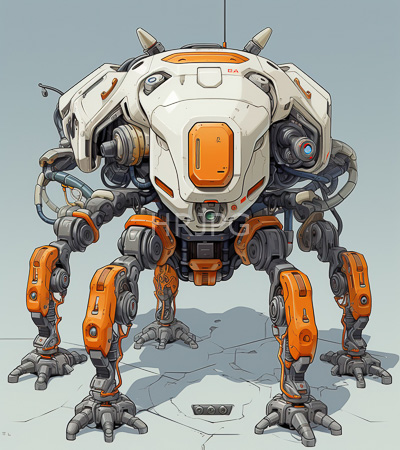 High Resolution: Orange and white quadrupedal robotic creature with intricate mechanical limbs featuring pipes and joints stands on cracked concrete floor against a light blue gradient background download. | HRJPG.com