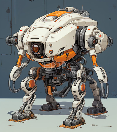 High Resolution: Anthropomorphic white and orange robotic figure with bulky armor plating stands in front of a gray wall background features large arms ending in mechanical hands download. | HRJPG.com