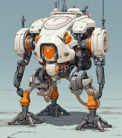 High Resolution: Intricate futuristic robot with white and orange armor plating on its bulky frame has four legs equipped for movement and two large cylindrical components resembling engines download. | HRJPG.com