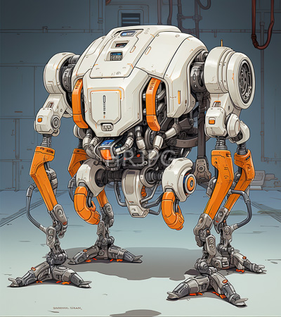 High Resolution: Intricate white and orange robotic creature with four legs in a factory-like setting features cylindrical components on limbs resembling engines or thrusters download. | HRJPG.com